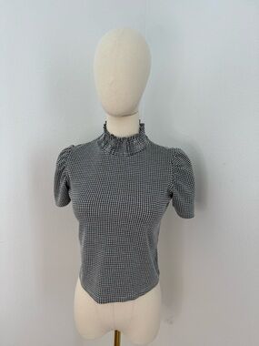 Zara Black & White Gingham Ruffle Mock-Neck Short Sleeve Top - Size Small